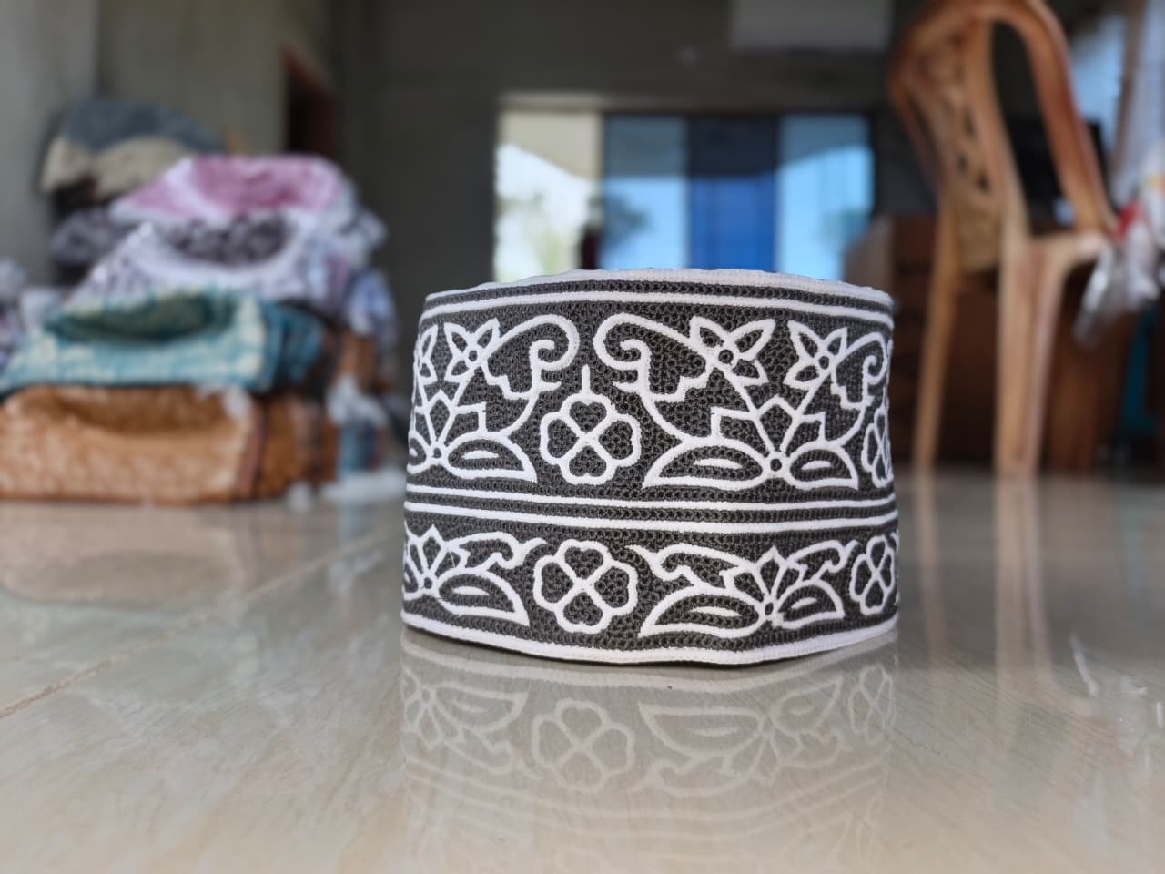 White Omani Cap with Fine Stitching