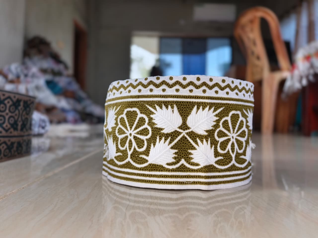 White Omani Cap with Arabic Design