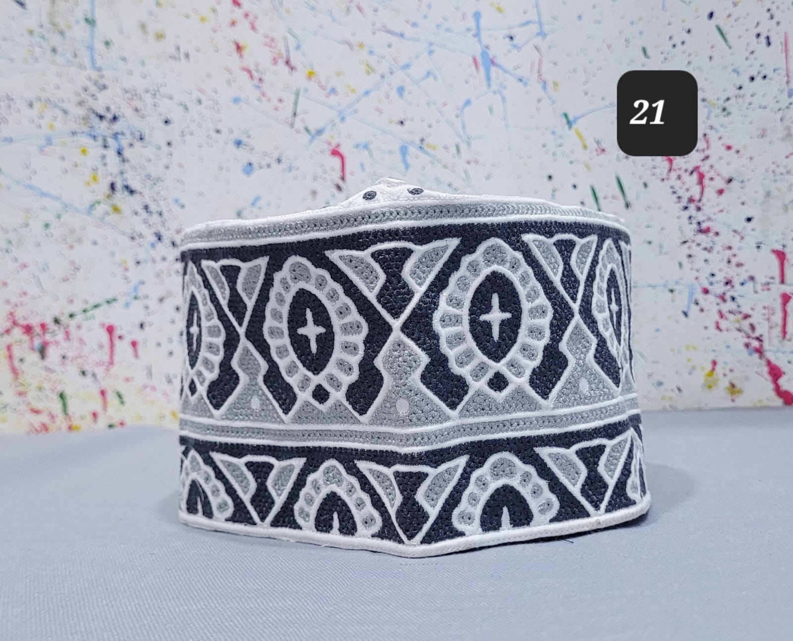 Premium White Omani Kumma with Geometric Embroidery
